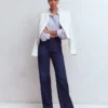 Puff Sleeve Oxford Shirt Navy, Ivory Stripe Puff Sleeve Oxford Shirt Navy, Ivory Stripe