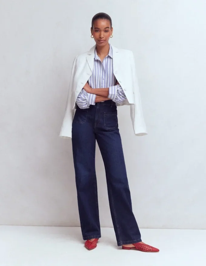 Puff Sleeve Oxford Shirt Navy, Ivory Stripe Puff Sleeve Oxford Shirt Navy, Ivory Stripe