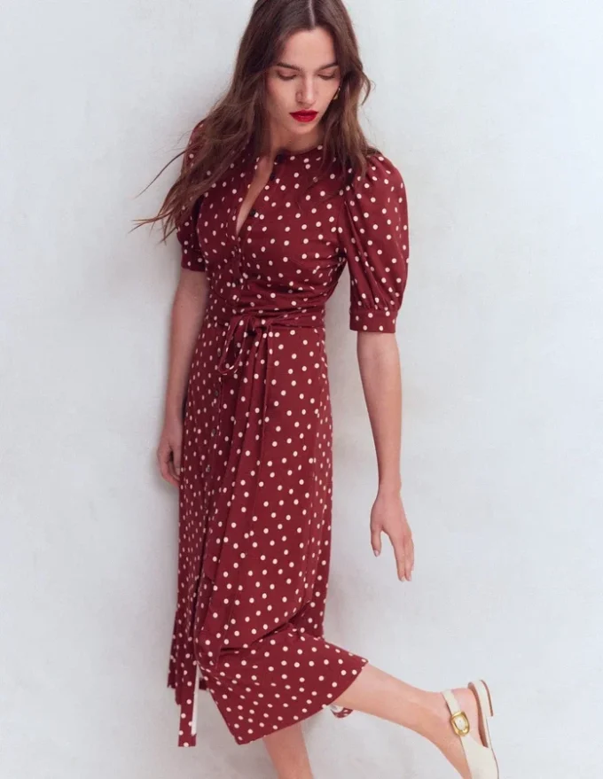 Puff Sleeve Ponte Shirt Dress Red Pear, Painted Dot Puff Sleeve Ponte Shirt Dress Red Pear, Painted Dot