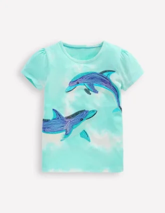 Puff Sleeve Superstitch Top Blue Dolphins