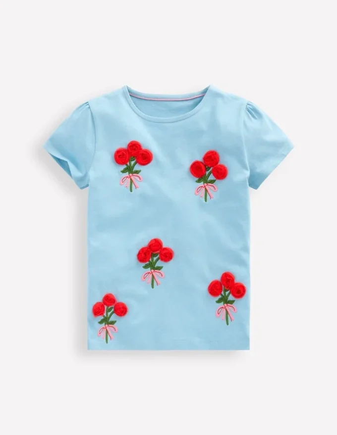 Puff Sleeve Superstitch Top Blue Flower Bunches