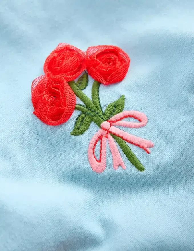 Puff Sleeve Superstitch Top Blue Flower Bunches