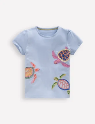 Puff Sleeve Superstitch Top Misty Blue Turtles