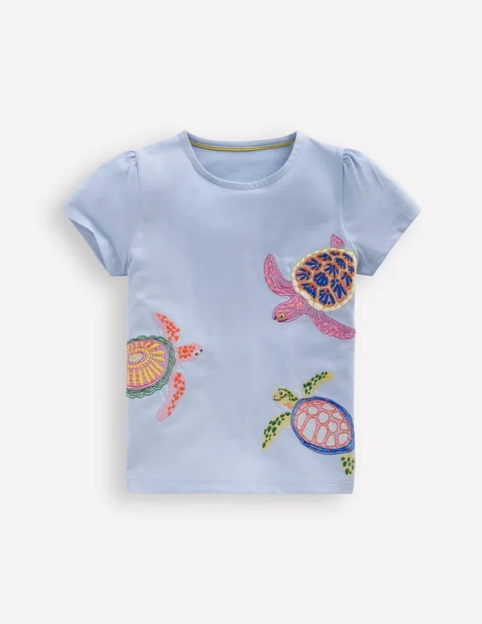 Puff Sleeve Superstitch Top Misty Blue Turtles