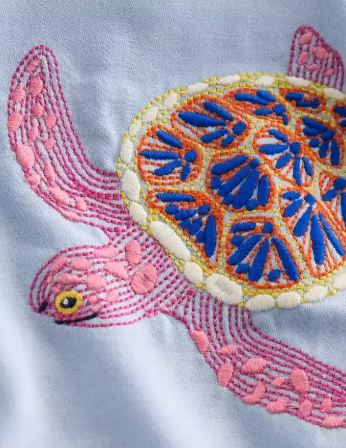Puff Sleeve Superstitch Top Misty Blue Turtles