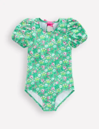 Puff Sleeve Swimsuit Aquamarine Butterfly Floral