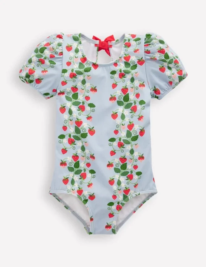 Puff Sleeve Swimsuit Misty Blue Strawberry Vine Puff Sleeve Swimsuit Misty Blue Strawberry Vine