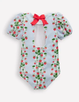 Puff Sleeve Swimsuit Misty Blue Strawberry Vine
