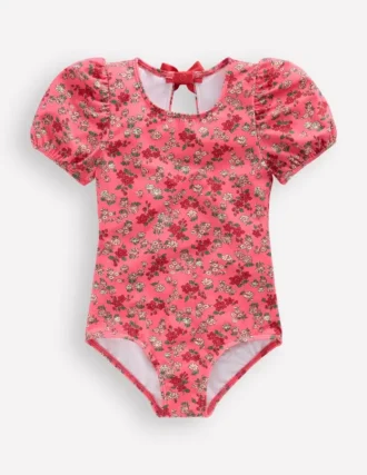 Puff Sleeve Swimsuit Salmon Pink Meadow Floral