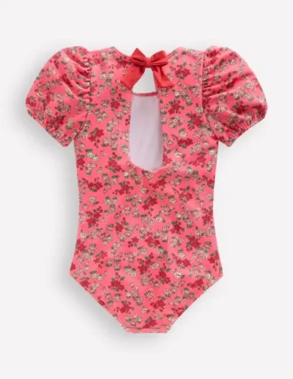 Puff Sleeve Swimsuit Salmon Pink Meadow Floral