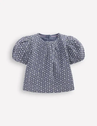 Puff Sleeve Woven Top Chambray Broderie
