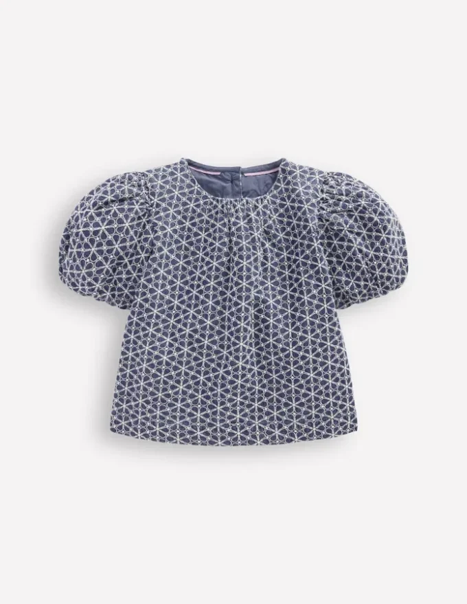 Puff Sleeve Woven Top Chambray Broderie