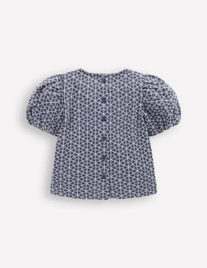 Puff Sleeve Woven Top Chambray Broderie