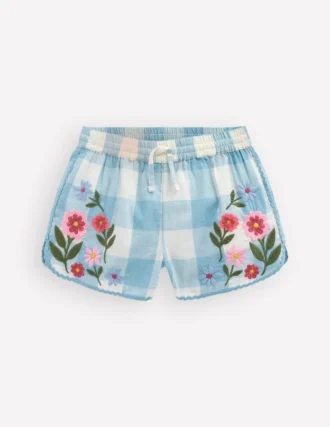 Pull-on Woven Shorts Blue Gingham Embroidery