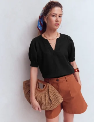 Rae Linen Top Black