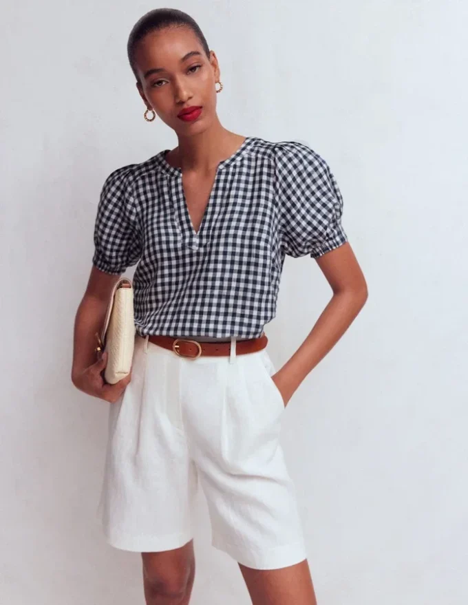 Rae Linen Top Small Navy Gingham