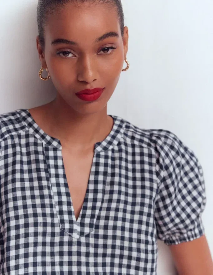 Rae Linen Top Small Navy Gingham