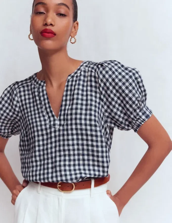Rae Linen Top Small Navy Gingham