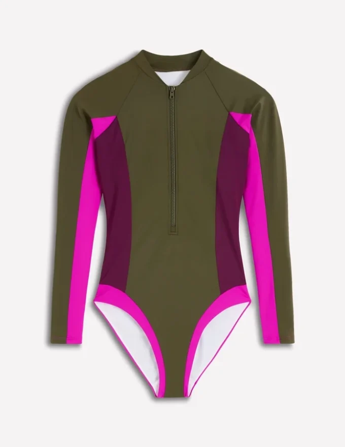 Rash Guard Swimsuit Khaki, Colourblock Rash Guard Swimsuit Khaki, Colourblock