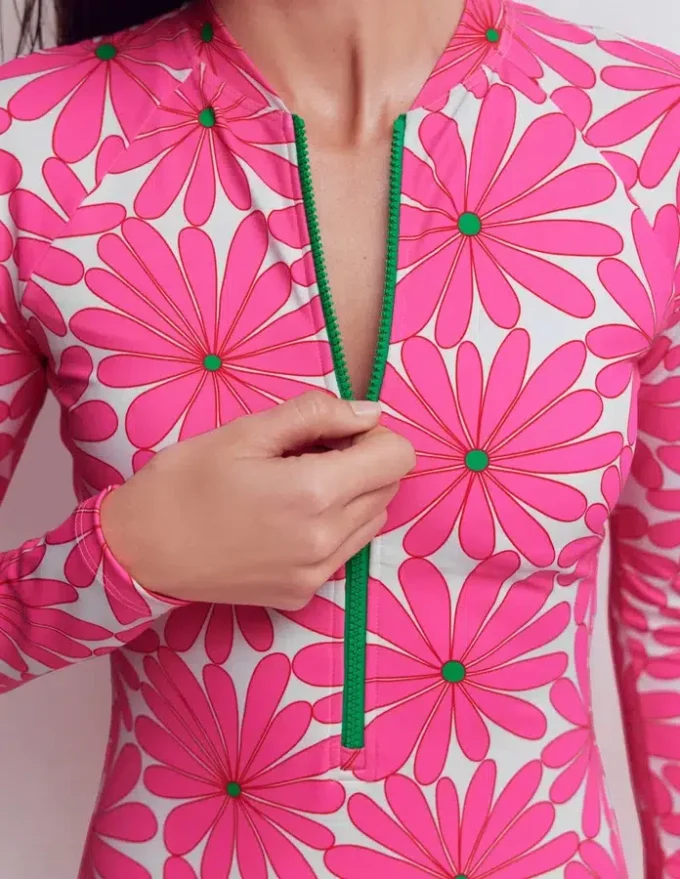 Rash Guard Swimsuit Sangria Sunset, Daisy Blossom Rash Guard Swimsuit Sangria Sunset, Daisy Blossom