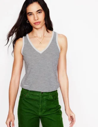 Regular V-Neck Slub Tank Navy, Ivory Stripe