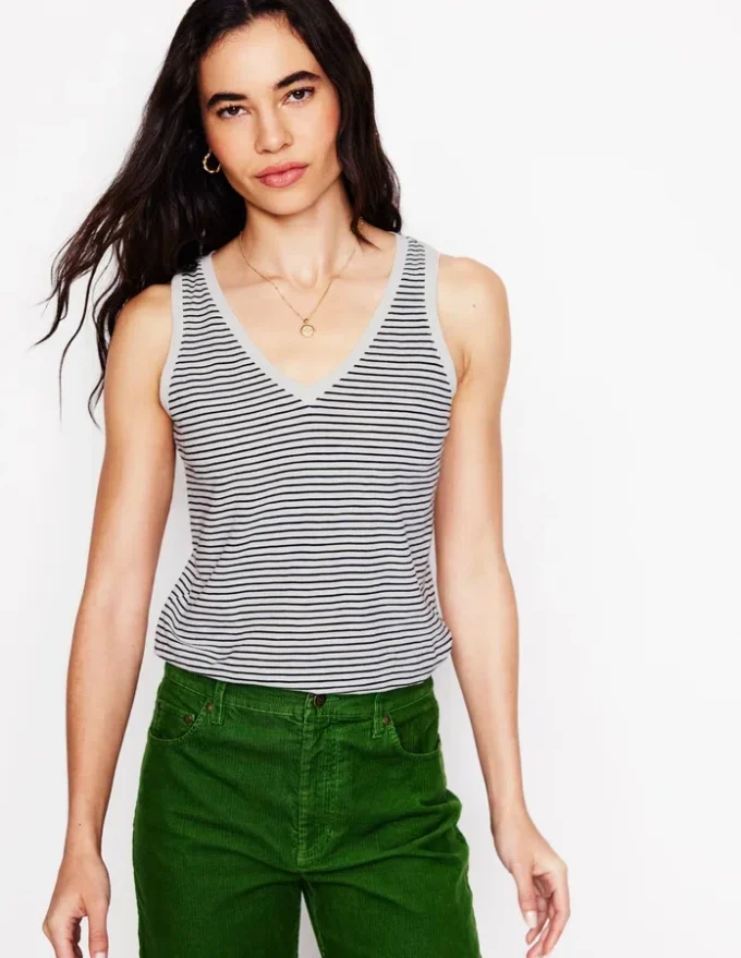 Regular V-Neck Slub Tank Navy, Ivory Stripe Regular V-Neck Slub Tank Navy, Ivory Stripe