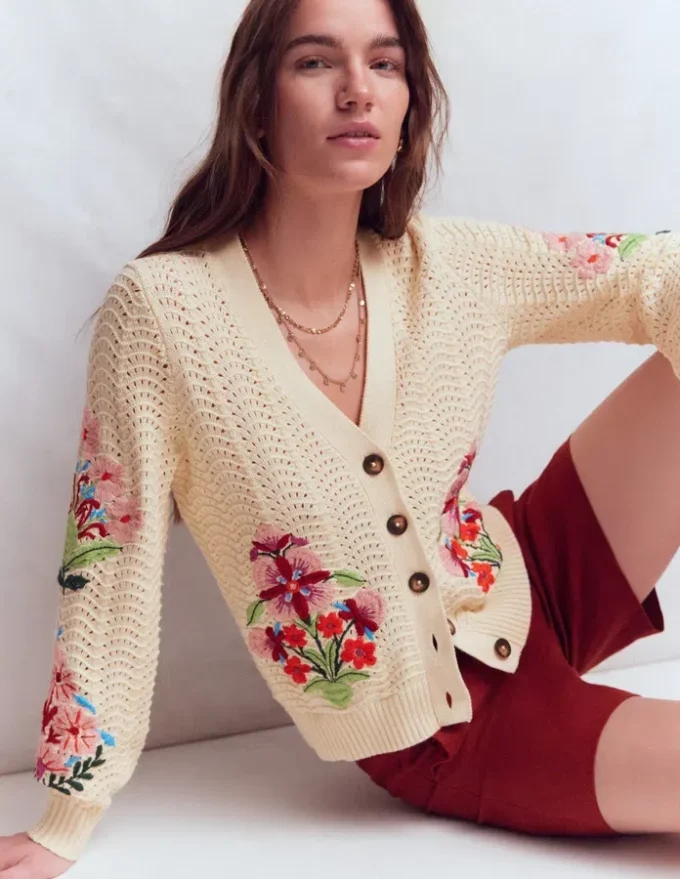 Relaxed Cotton Stitch Cardigan Ivory, Embroidery Relaxed Cotton Stitch Cardigan Ivory, Embroidery