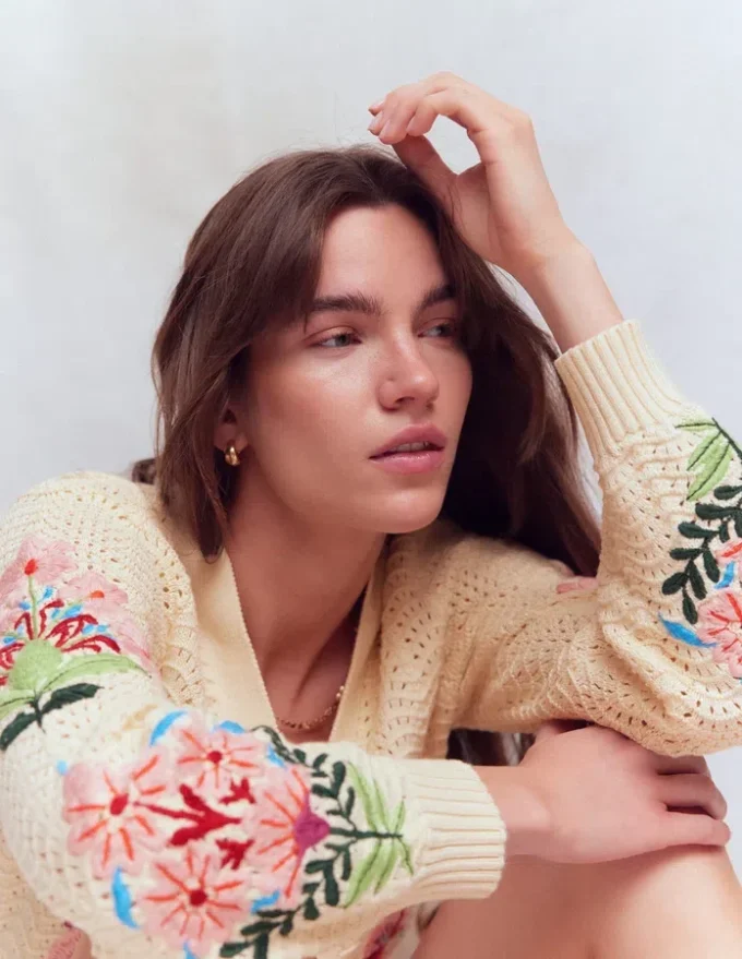 Relaxed Cotton Stitch Cardigan Ivory, Embroidery Relaxed Cotton Stitch Cardigan Ivory, Embroidery