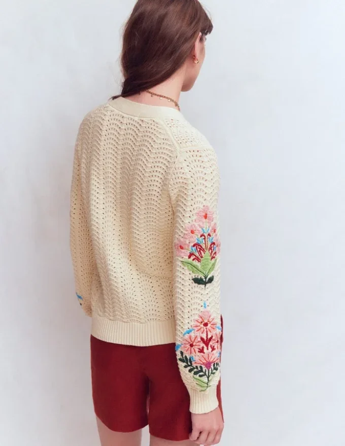 Relaxed Cotton Stitch Cardigan Ivory, Embroidery Relaxed Cotton Stitch Cardigan Ivory, Embroidery