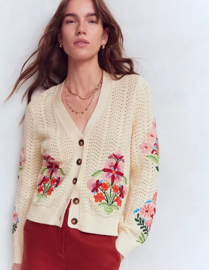 Relaxed Cotton Stitch Cardigan Ivory, Embroidery Relaxed Cotton Stitch Cardigan Ivory, Embroidery