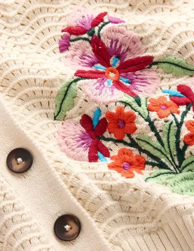 Relaxed Cotton Stitch Cardigan Ivory, Embroidery Relaxed Cotton Stitch Cardigan Ivory, Embroidery