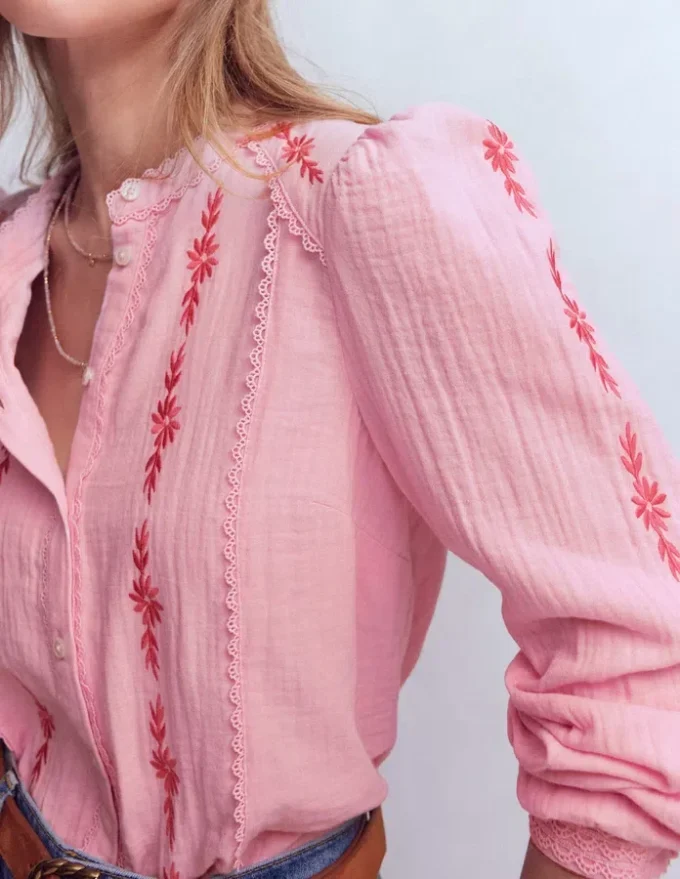 Rhea Trim Doublecloth Top Formica Pink Embroidery Rhea Trim Doublecloth Top Formica Pink Embroidery
