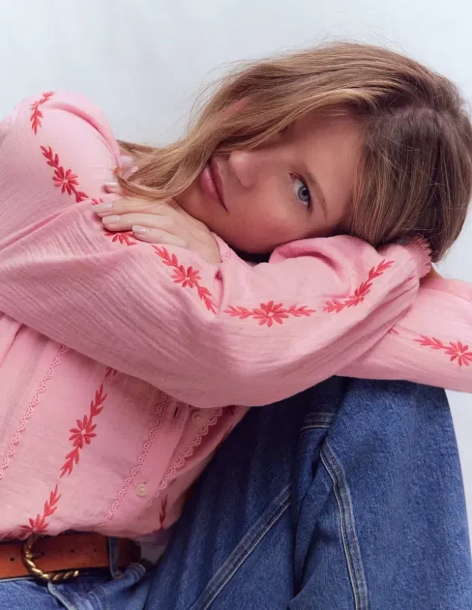 Rhea Trim Doublecloth Top Formica Pink Embroidery Rhea Trim Doublecloth Top Formica Pink Embroidery