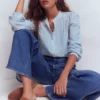 Rhea Trim Doublecloth Top French Blue and Ivory Stripe