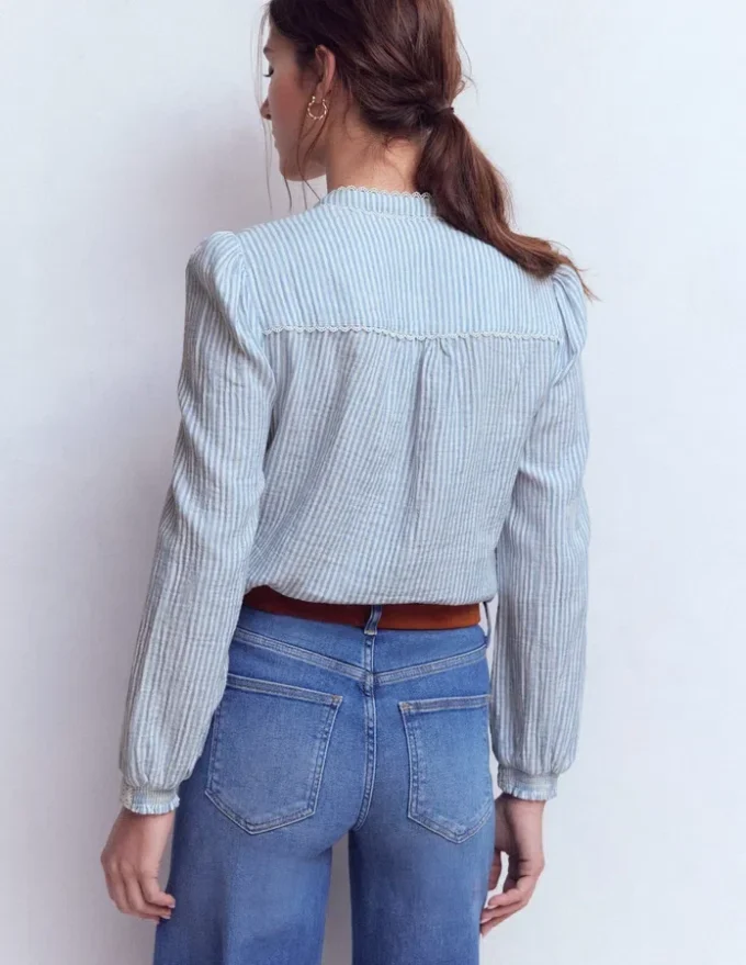 Rhea Trim Doublecloth Top French Blue and Ivory Stripe