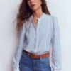 Rhea Trim Doublecloth Top French Blue and Ivory Stripe