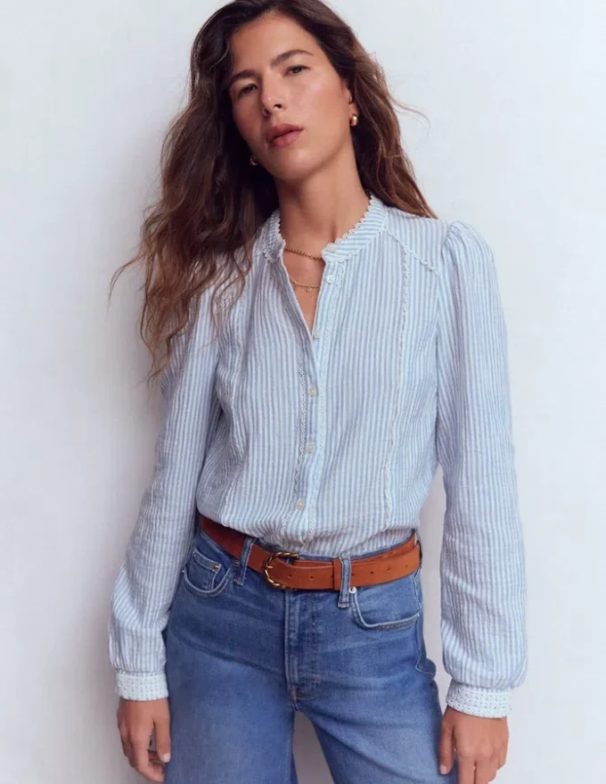 Rhea Trim Doublecloth Top French Blue and Ivory Stripe