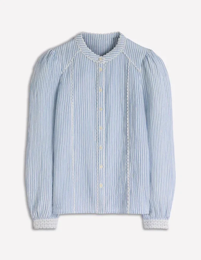 Rhea Trim Doublecloth Top French Blue and Ivory Stripe