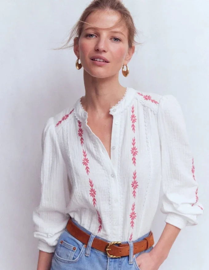Rhea Trim Doublecloth Top White Cherry Blush Floral Rhea Trim Doublecloth Top White Cherry Blush Floral