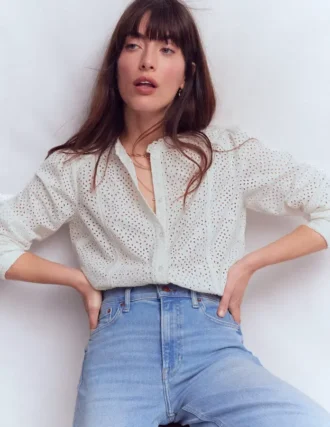 Rhea Trim Insert Broderie Top White Floral Broderie