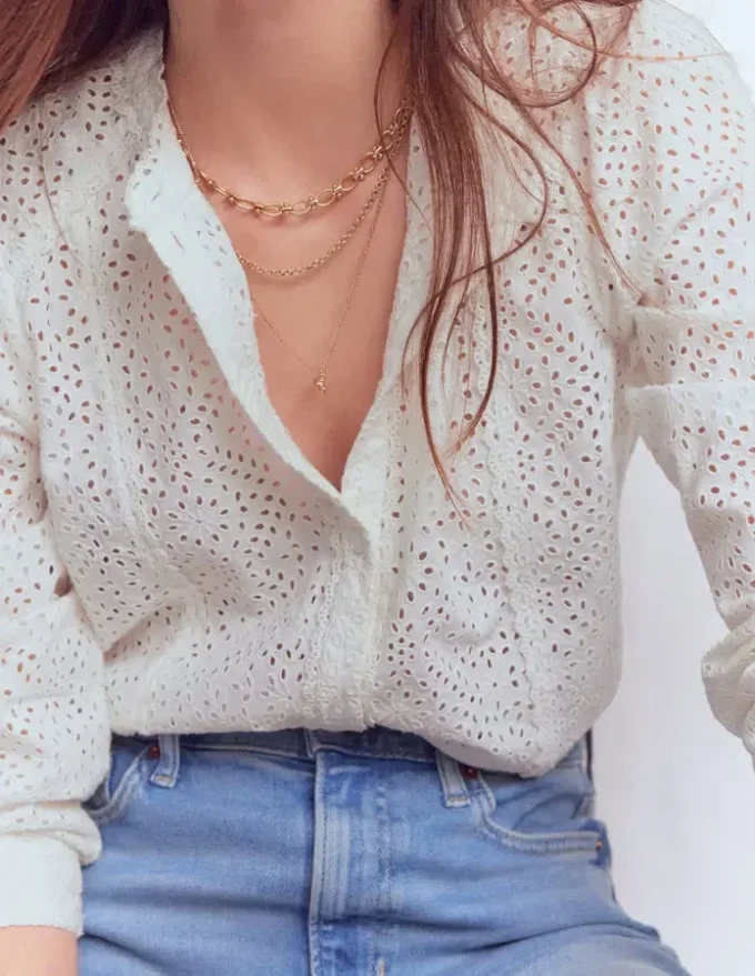 Rhea Trim Insert Broderie Top White Floral Broderie