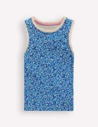 Ribbed Lace Trim Tank Cabana Blue Ditsy Floral