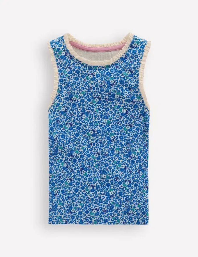 Ribbed Lace Trim Tank Cabana Blue Ditsy Floral