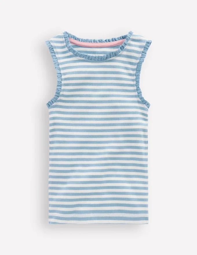Ribbed Lace Trim Tank Glacier Blue Stripe