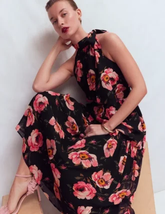 Roisin Tie Neck Maxi Dress Black Whimsical Roses