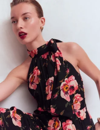 Roisin Tie Neck Maxi Dress Black Whimsical Roses