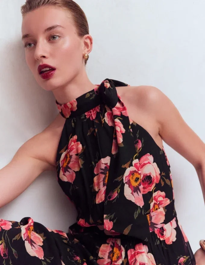 Roisin Tie Neck Maxi Dress Black Whimsical Roses Roisin Tie Neck Maxi Dress Black Whimsical Roses