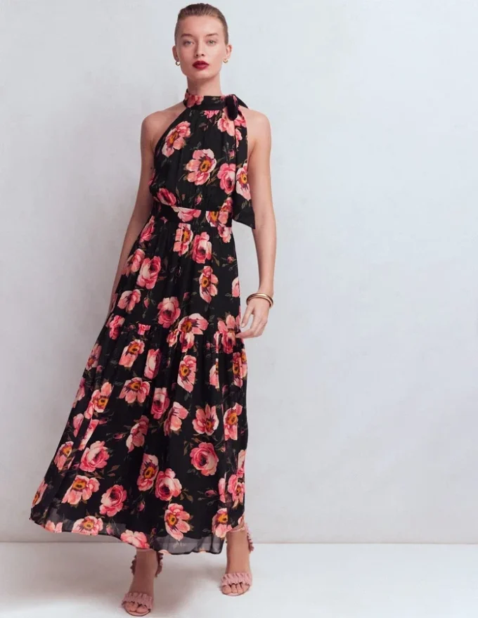 Roisin Tie Neck Maxi Dress Black Whimsical Roses Roisin Tie Neck Maxi Dress Black Whimsical Roses