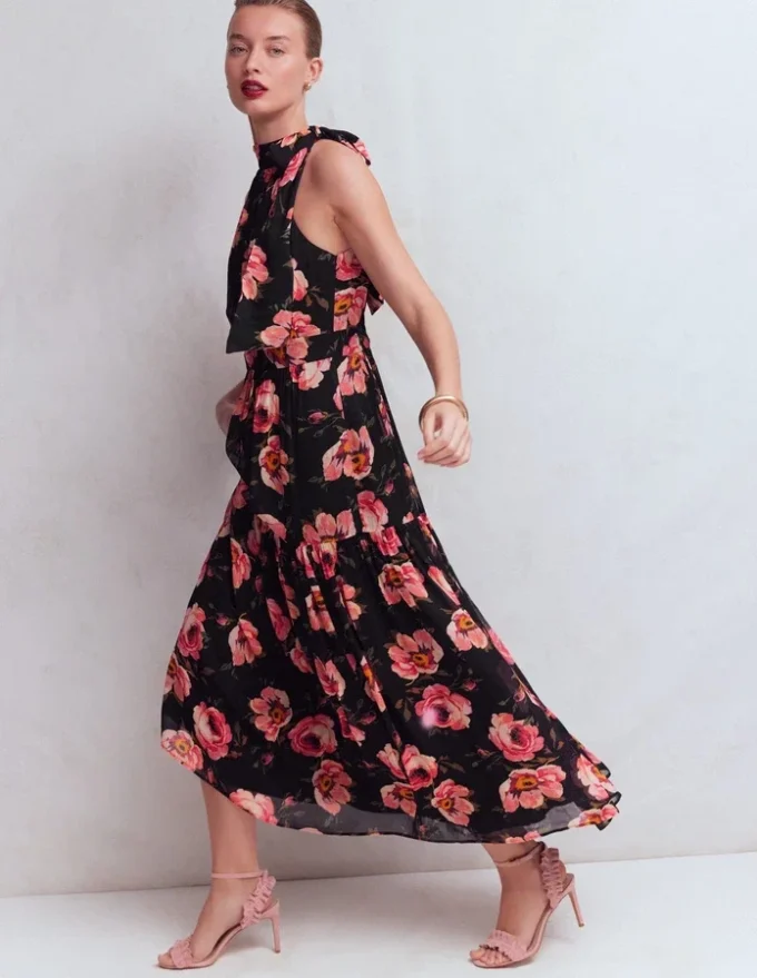 Roisin Tie Neck Maxi Dress Black Whimsical Roses Roisin Tie Neck Maxi Dress Black Whimsical Roses