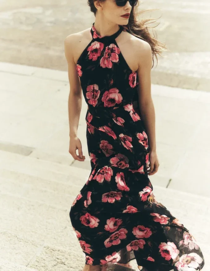 Roisin Tie Neck Maxi Dress Black Whimsical Roses Roisin Tie Neck Maxi Dress Black Whimsical Roses